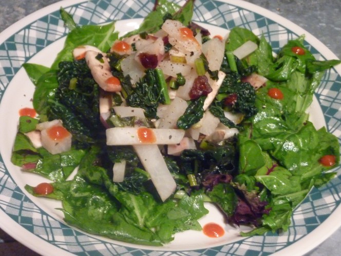 Serve atop a bed of spring mix tossed in dressing. Add sriracha dollops for spice. Spring mix dressing: 1 tsp EVOO, 1/3 juiced lemon and  mix thoroughly.