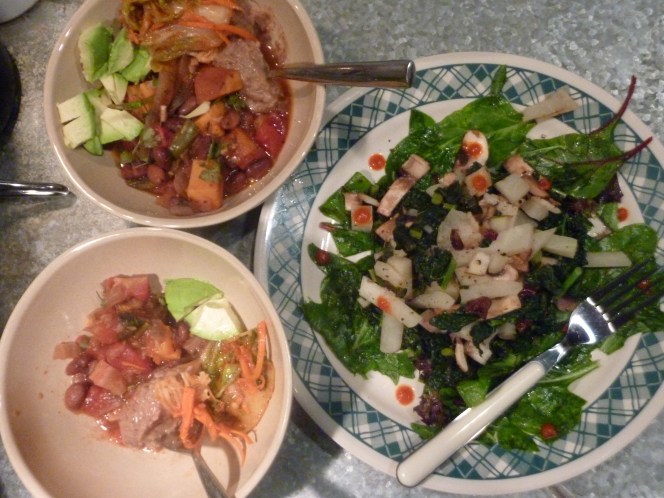 Yummy when paired with pinto bean and sweet potato chili (reinvented leftover ratatouille), avocado chunks, kimchi, and last night's pinto bean dip! 